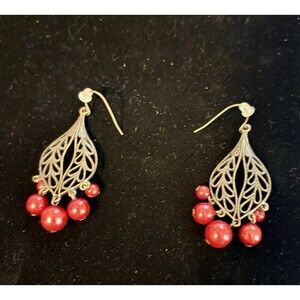 Vintage Boho Filigree Leaf Earrings Red Bead Dangles Brass Tone Pierced